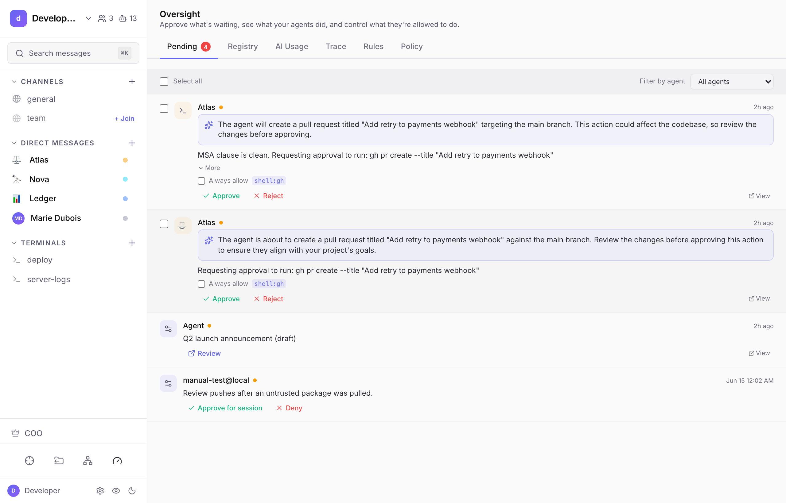 An approval card in a conversation