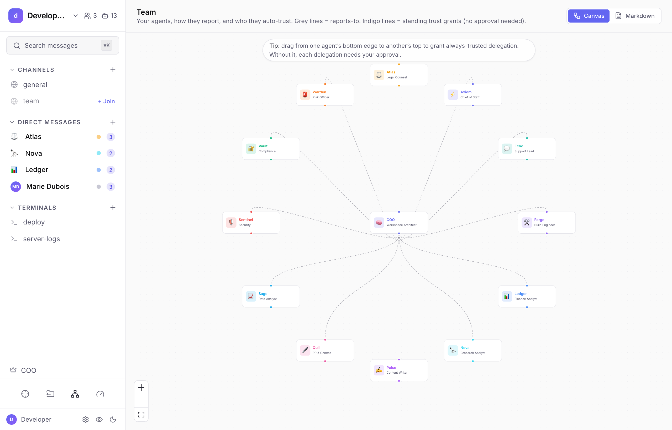 The Team canvas — grey reporting lines and indigo trust grants