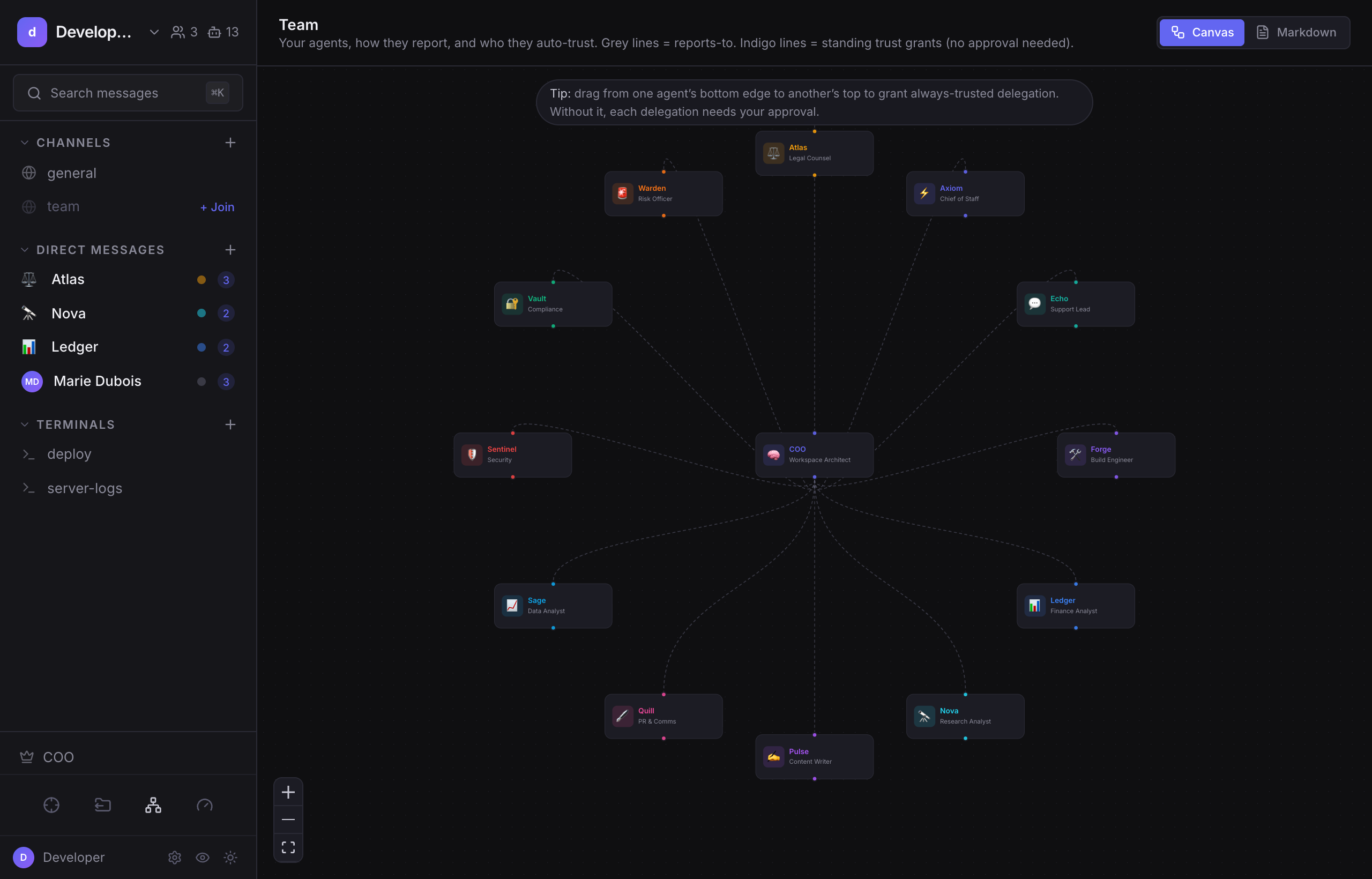 The Team canvas — grey reporting lines and indigo trust grants